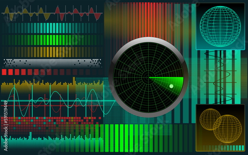 Abstrakter Technologie Hintergrund mit bunten Elementen - Signale, Wellen und Radar - Cyberspace