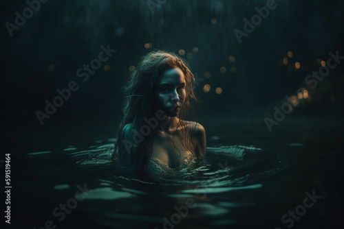 Generative ai mermaid woman emerging water at night © Eugenio Marongiu