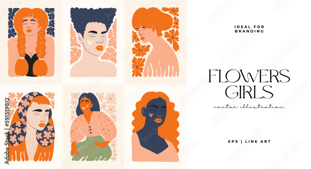 Floral abstract elements. Botanical composition. Modern trendy Matisse minimal style. Floral poster, girls, fashion invite. Vector arrangements for greeting card or invitation design Floral abstract elements. Botanical composition. Modern trendy Matisse minimal style. Floral poster, girls, fashion invite. Vector arrangements for greeting card or invitation design