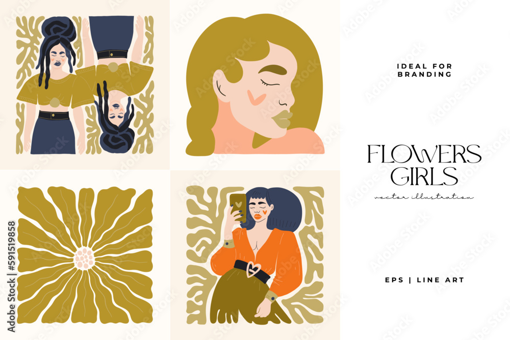 Floral abstract elements. Botanical composition. Modern trendy Matisse minimal style. Floral poster, girls, fashion invite. Vector arrangements for greeting card or invitation design