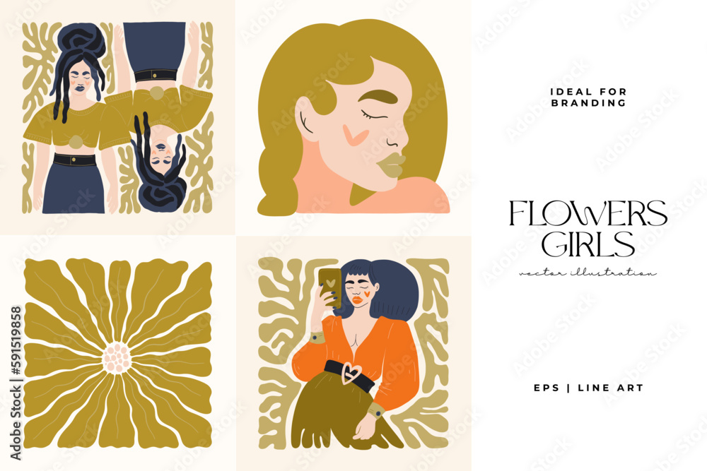 Fototapeta premium Floral abstract elements. Botanical composition. Modern trendy Matisse minimal style. Floral poster, girls, fashion invite. Vector arrangements for greeting card or invitation design