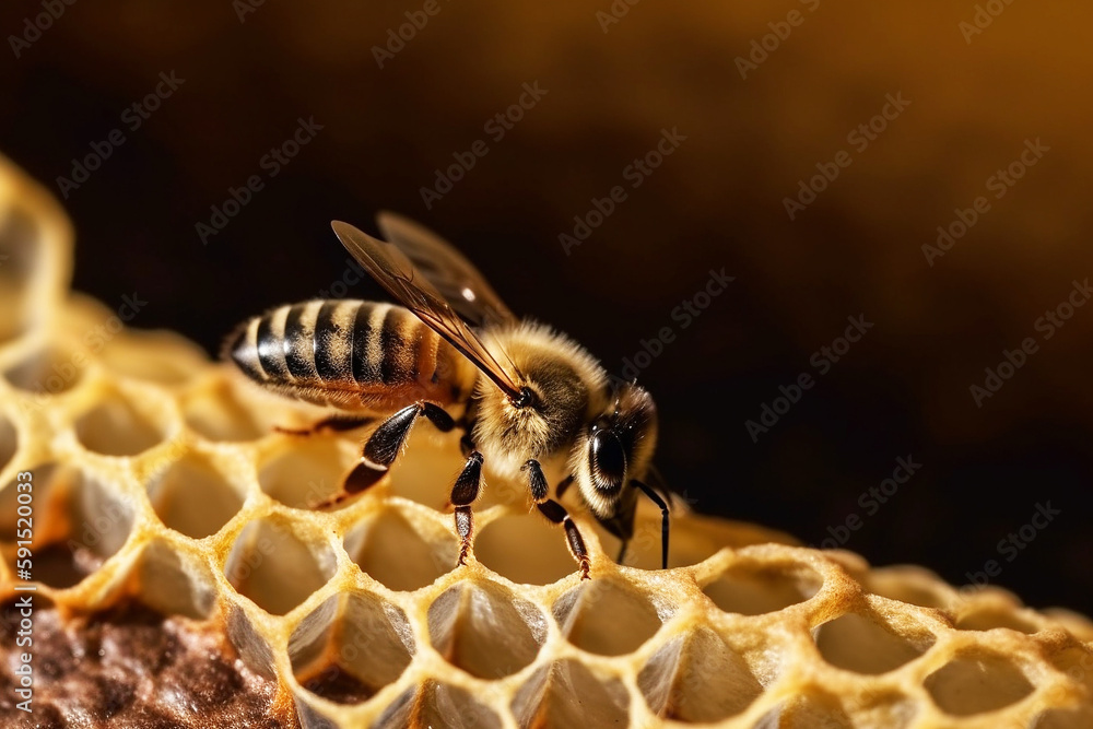Panal de abejas de miel de cerca, imagen macro de abejas. Generative ai. - obrazy, fototapety, plakaty 