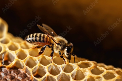 Panal de abejas de miel de cerca, imagen macro de abejas. Generative ai.