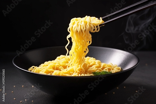 Fideos japoneses estilo noodles en bol negro. Palillos chinos cogiendo noodles para comer. Generative ai.