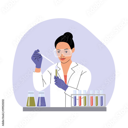 Woman Scientist analysing biochemicals samples in the lab. Vector cartoon flat style illustration