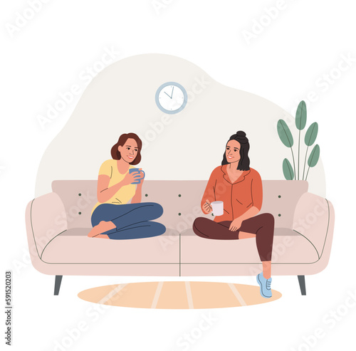 Girlfriends are sitting and drinking tea at home on the sofa. Vector flat style illustration
