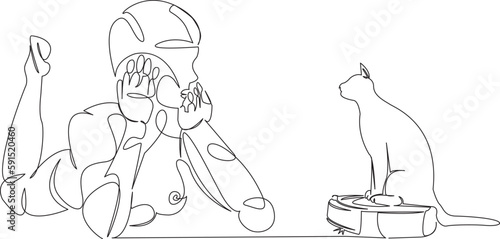 robot woman, robot vacuum cleaner and cat