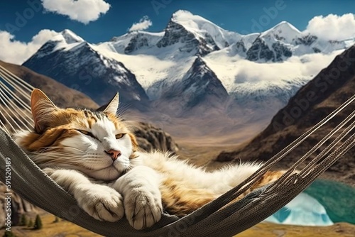 A bored cat sleeping on a hammock in front of the himalaya illustration generative ai photo