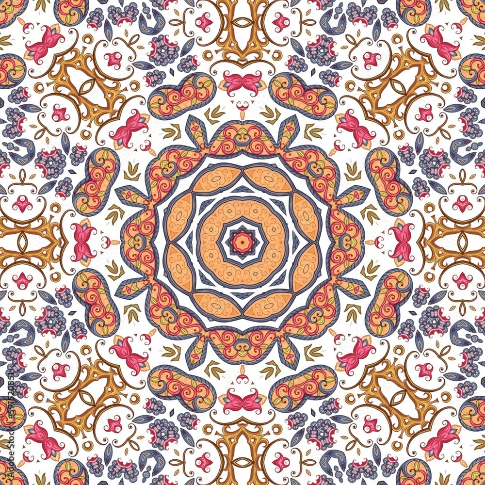 Abstract Pattern Mandala Flowers Art Colorful Orange Brown Blue 116
