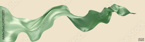 Flying green silk textile fabric flag background. Smooth elegant green Satin Isolated on beige Background for grand opening ceremony. Green curtain. 3d vector illustration.