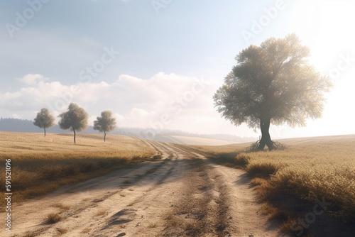 A minimalist landscape with a peaceful countryside or rural road, Generative AI