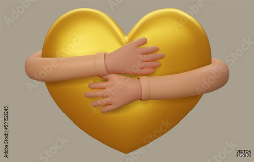 3D hands hugging a gold heart with love. Cartoon Hand embracing heart with yellow sleeve isolated on beige background. love yourself. Used for posters, postcards. 3D vector illustration.