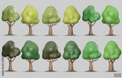 Set of Trees isolated on a white background. 3D tree for landscape design, Garden, and park green tree. Icons for city maps, and games. Green forest plants collection. 3d render vector illustration.