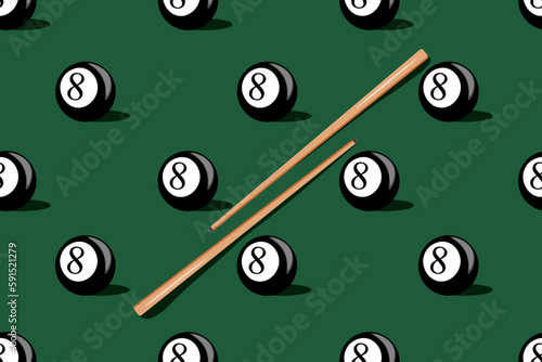 Seamless pattern with Black Billiard Ball number eight and cue. Endless background with Pool Ball. Banner for Snooker website. Vector illustration. Wallpaper with table game.