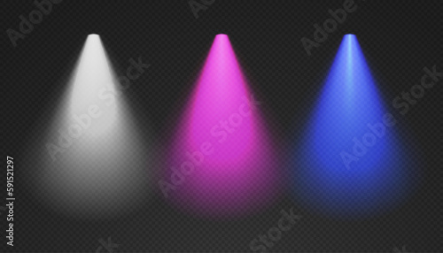 Three cone lights from top with darkened edges - white, purple and blue. Volumetric spotlight effect on dark background. Empty limelight in studio or concert scene. 3d rendering.