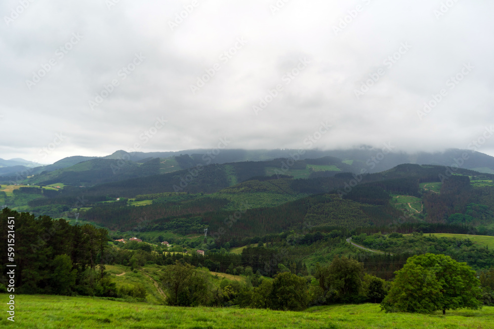 Green hills covered with forest low clouds, Basque Country, Spain