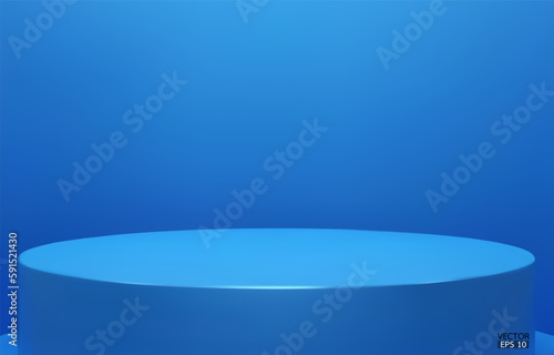Shiny blue round pedestal on studio backdrops. Blue Blank display or clean room for showing product. Minimalist mockup for podium display or showcase. 3D vector illustration.