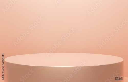 Shiny Beige color round pedestal  on studio  backdrops. Ivory  Blank display or clean room for showing product. Minimalist mockup for podium display or showcase. 3D vector illustration.