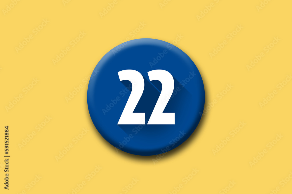 22 - twenty-two - number on blue button and yellow background 22 - twenty-two - number on blue button and yellow background