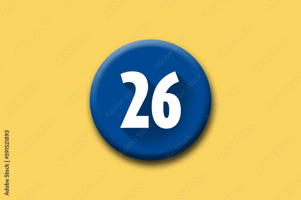 26 - twenty-six - number on blue button and yellow background 26 - twenty-six - number on blue button and yellow background