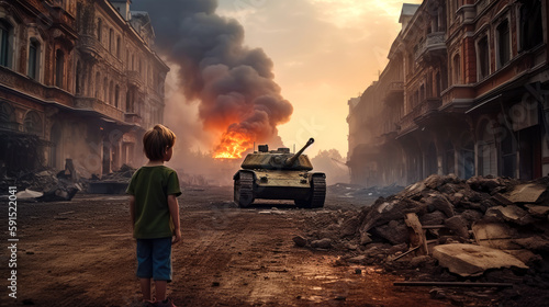 War, a child, little boy, standing in front of a tank, burning ruins of bombed city are seen in the background