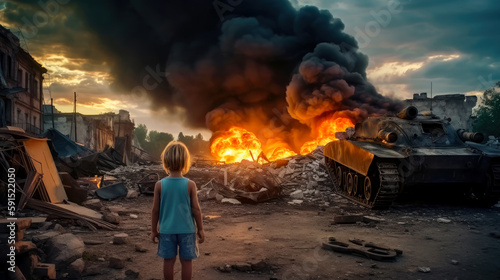 War, a child, little girl, standing in front of a destroyed tank, looking at burning ruins of bombed city 