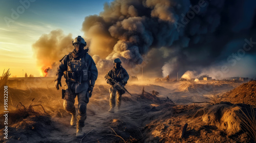 War, special military special forces in a war zone destroyed by bombs full of fire and smoke