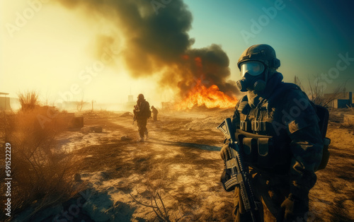 War, soldiers in a war zone destroyed by bombs full of fire and smoke