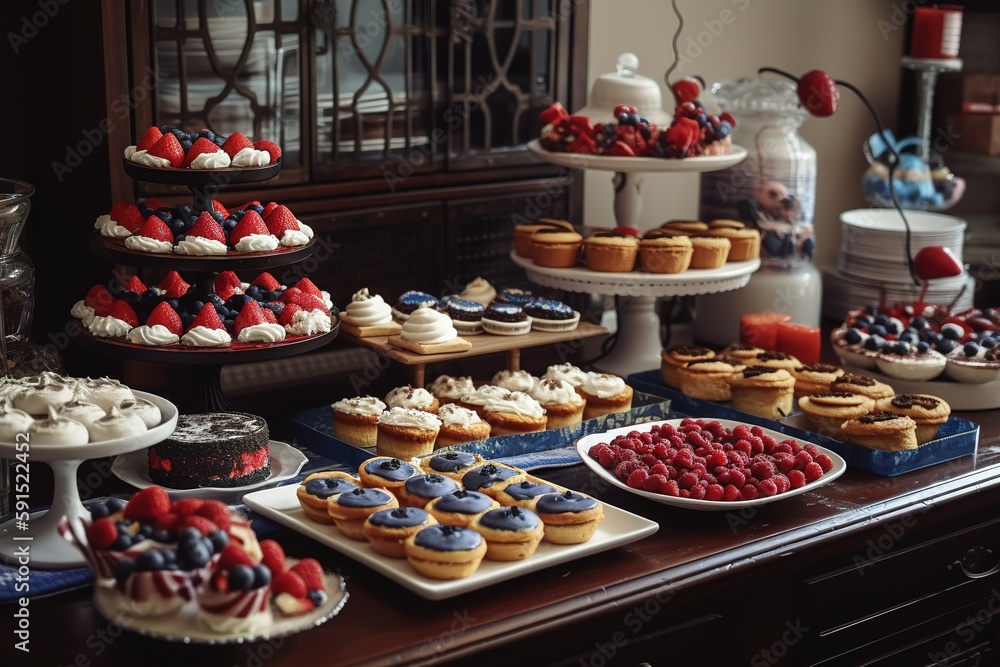 Independence Day themed dessert table, featuring an array of red, white, and blue treats, such as flag-shaped cookies, patriotic cupcakes, and a star-spangled fruit platter. Generative AI