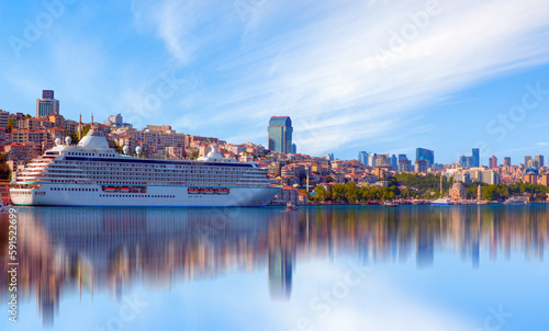 Luxury cruise ship in Bosporus with full moon - Istanbul, Turkey 