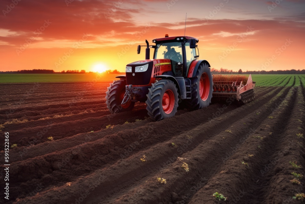 a Tractor Plowing a Field at Sunset a Tractor Plowing a Field at Sunset