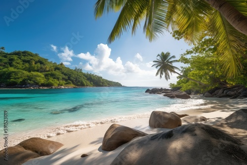 a serene tropical beach with crystal-clear waters and lush palm trees