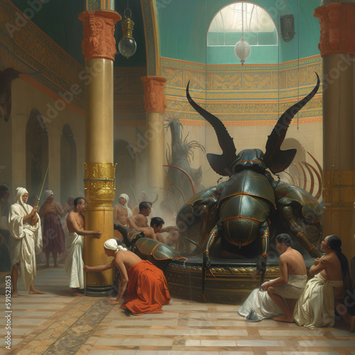 Giant insects lived with people in the fantasy ancient time.