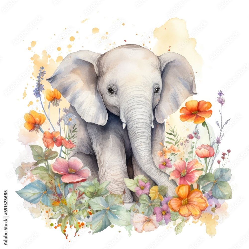 Painting of a lovely and cute baby elephant with spring colorful flowers watercolors Generative AI Illustration