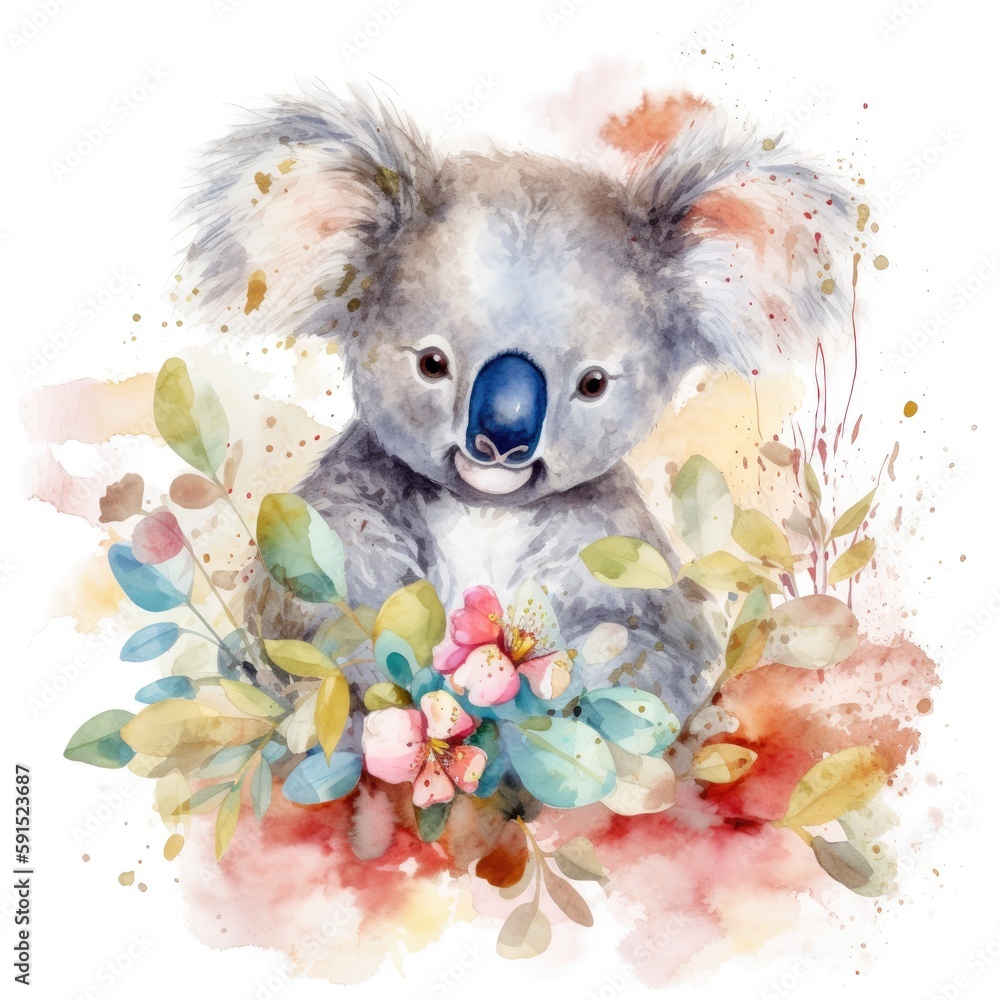 Painting of a cute koala with spring colorful flowers watercolors Generative AI Illustration Painting of a cute koala with spring colorful flowers watercolors Generative AI Illustration