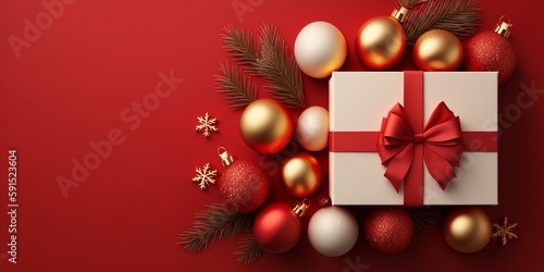 Top view photo of vibrant red Christmas decorations on an isolated red background with plenty of copyspace. Perfect for holiday-themed projects.