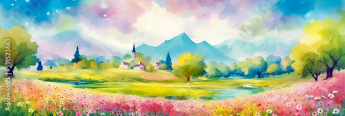 Beautiful panoramic landscape with wildflowers, mountains and river. Digital watercolor painting. Generative AI