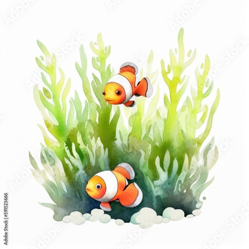 Painting of cute clown fishes with green seaweed watercolors Generative AI Illustration
