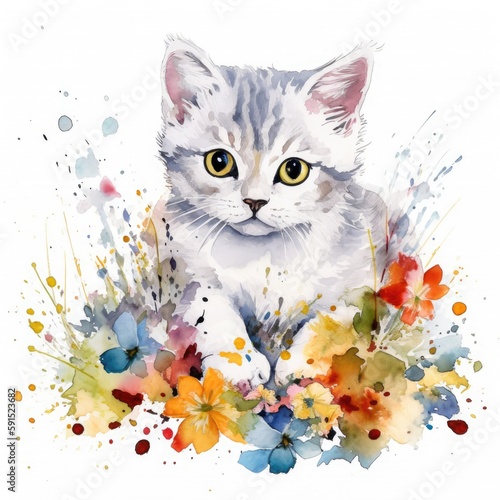 Painting of a cute baby cat with spring colorful flowers watercolors Generative AI Illustration