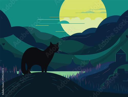 Cat in the Mountains: A Bold Graphic Design-Inspired Illustration with Dark Blues and Lush Greens 