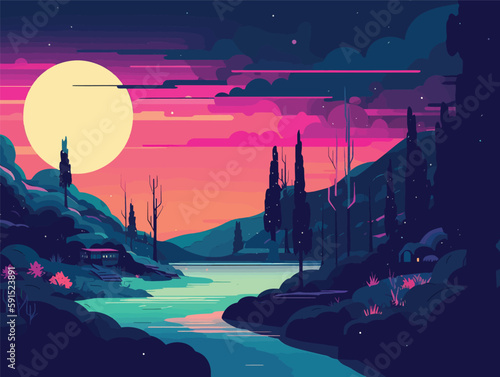 Nighttime Adventures: An Anime-Inspired Cartoon Landscape in Color Field Minimalism