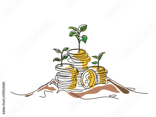 sketch lifestyle A022_Coins build up plants to shows the concept of business and wealth vector illustration graphic EPS 10