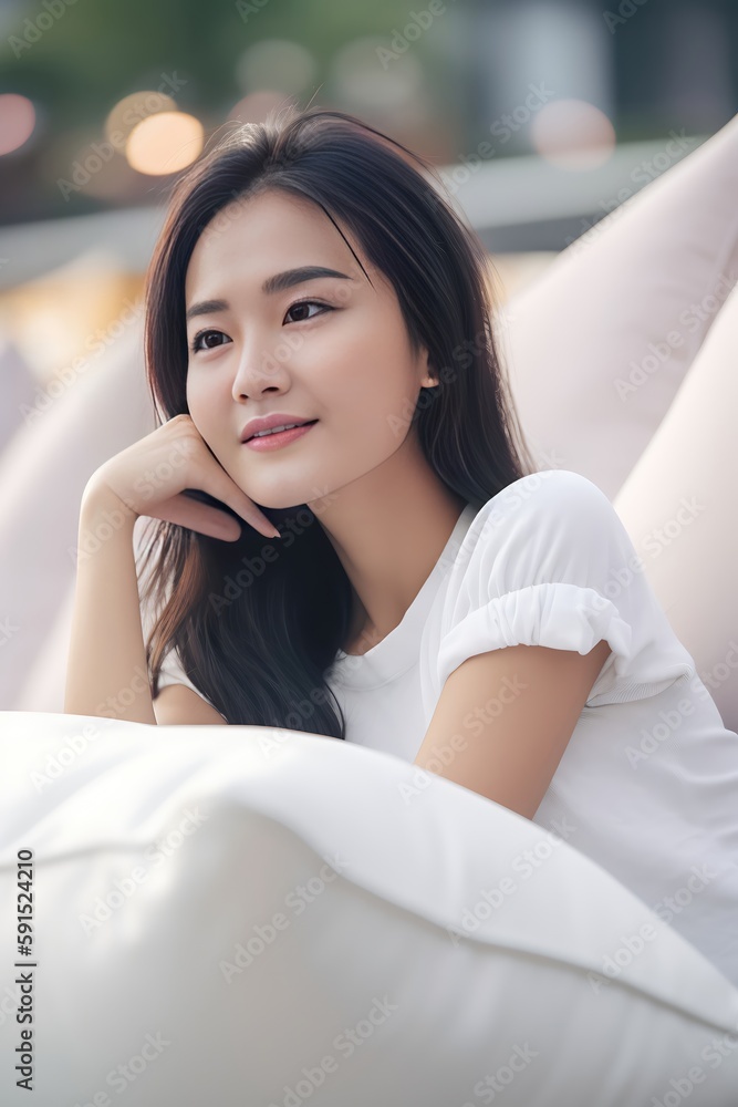 Happy woman lying down relaxing enjoying on sofa at the beach, lifestyle, generative AI Happy woman lying down relaxing enjoying on sofa at the beach, lifestyle, generative AI