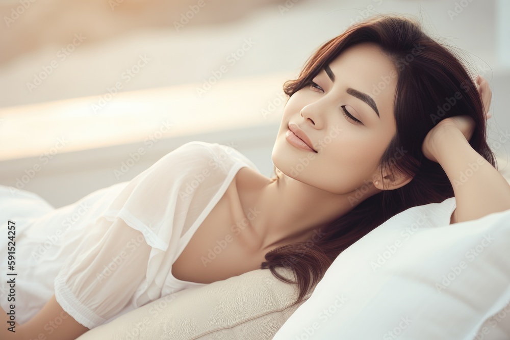 Happy woman lying down relaxing enjoying on sofa at the beach, lifestyle, generative AI Happy woman lying down relaxing enjoying on sofa at the beach, lifestyle, generative AI
