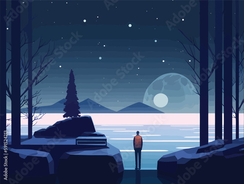Simple Wanderer: A Colorful and Minimalist Landscape with a Man Standing