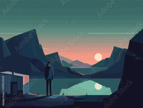 Looking Beyond: A Colorful and Minimalist Landscape with a Man
