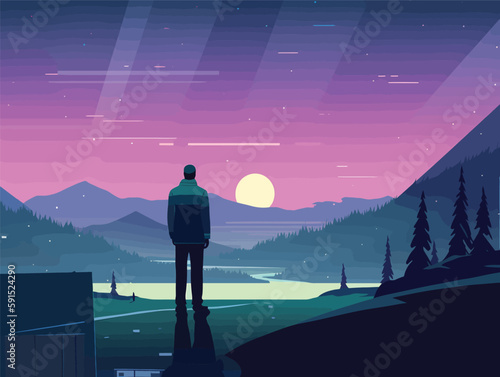 Minimalist Man: A Nightscape Illustration with Simple Lines and Colors
