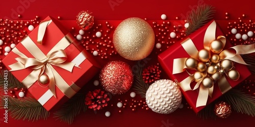 Top view photo of vibrant red Christmas decorations on an isolated red background with plenty of copyspace. Perfect for holiday-themed projects.