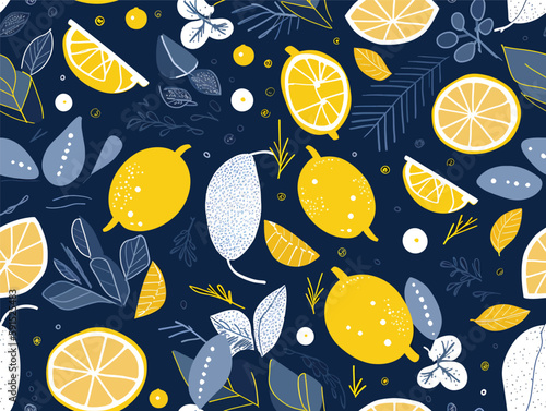 Lemon Grove: A Simple and Colorful Pattern of Blue, Yellow and White Lemons on Navy