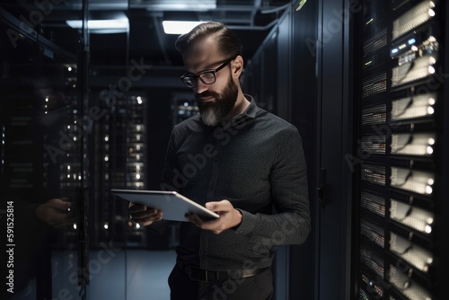 Portrait of man working with server cabinet in data center and using tablet generative AI